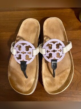 Tory Burch Miller Cloud Lavender White & Black Logo Sandals - Size 7
